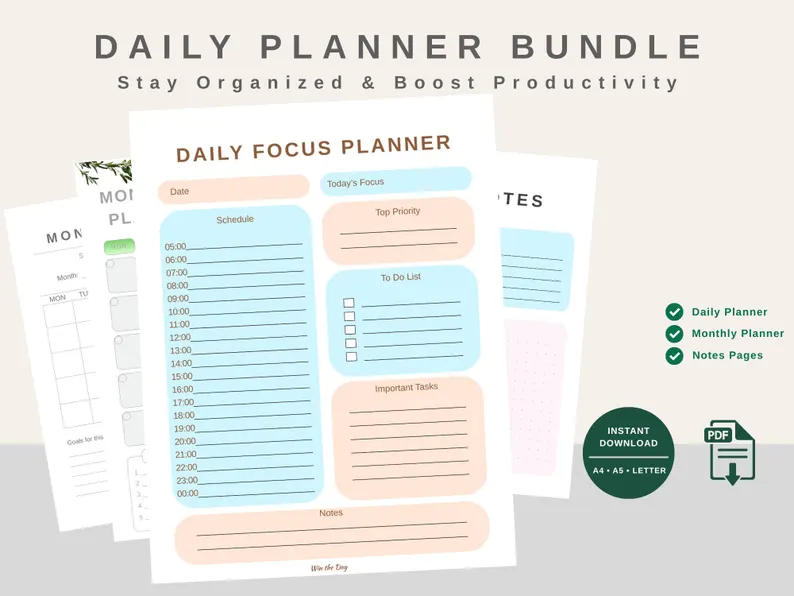 Daily, monthly and notes printable planner pages