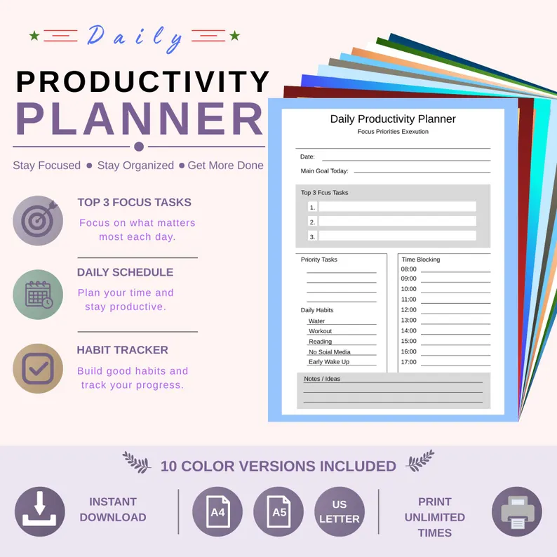 Daily Productivity Planner — 10 color versions